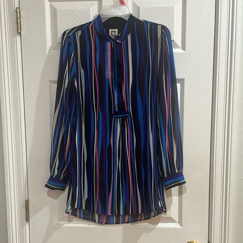 Anne Klein long sleeve semi sheer striped blue black blouse tunic top women’s 10